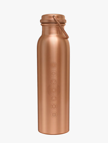Side view of Shakti Warrior chakra engraved copper water bottle