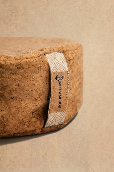 Shakti Warrior meditation pillow made with cork fabric and buckwheat filling closeup