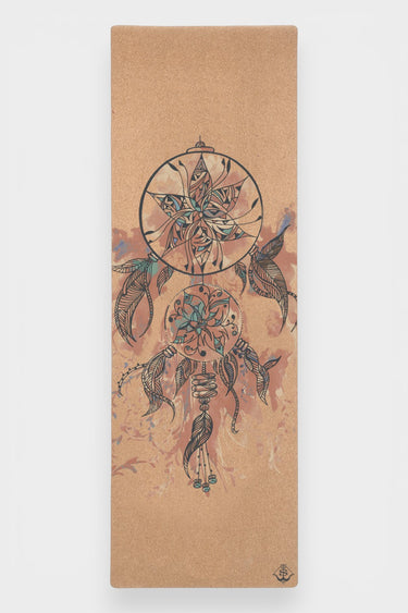 Shakti Warrior cork yoga mat with dreamcatcher design featuring eco friendly 3mm thickness