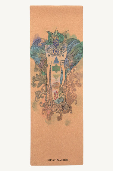 Shakti Warrior cork yoga mat with elephant design featuring eco friendly 3mm thickness