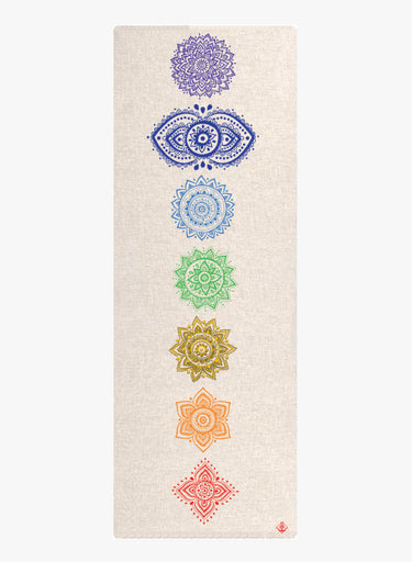 Shakti Warrior hemp yoga mat with chakra design featuring eco friendly 3mm thickness