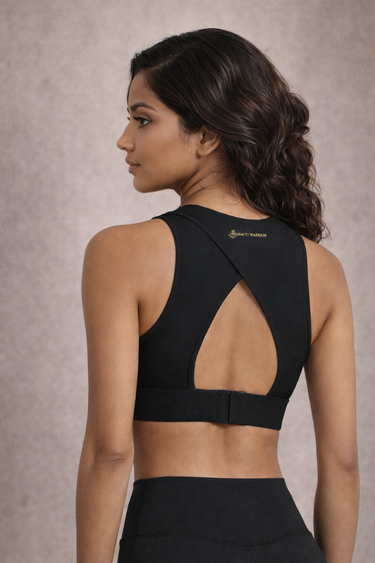 Back view of Shakti Warrior blue high support adjustable sports bra