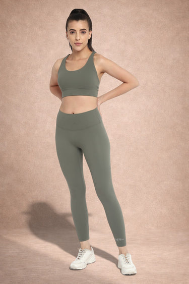 Shakti Warrior RE medium support sports bra and leggings set in Khaki Green