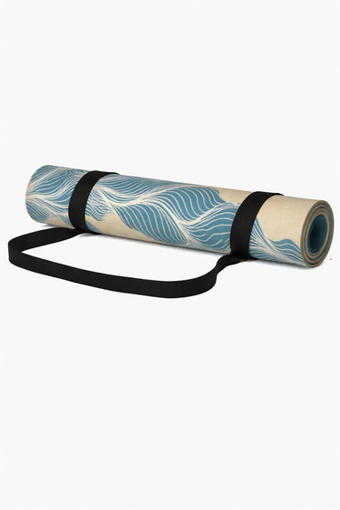 Rolled Shakti Warrior gold blue recycled suede yoga mat with carry strap