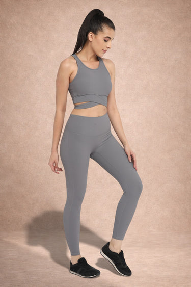 Shakti Warrior INARE medium support sports bra and leggings set in gray side view