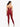 Woman wearing a red athletic outfit on a beige background