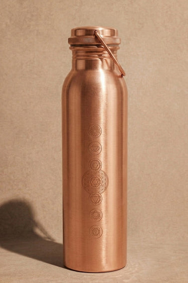 Chakra engraving detail on Shakti Warrior copper water bottle
