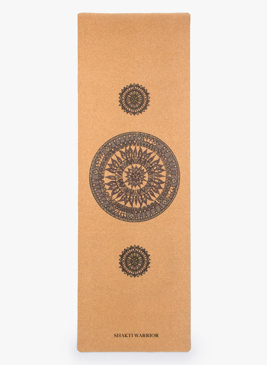 Shakti Warrior cork yoga mat with mandala design featuring eco friendly 3mm thickness