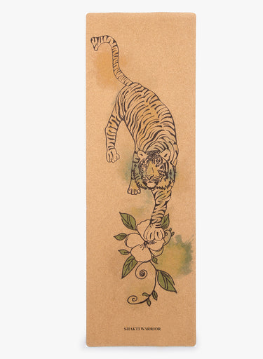 Shakti Warrior cork yoga mat with tiger design featuring eco friendly 3mm thickness