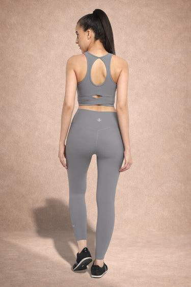Shakti Warrior INARE medium support sports bra and leggings set in gray back view