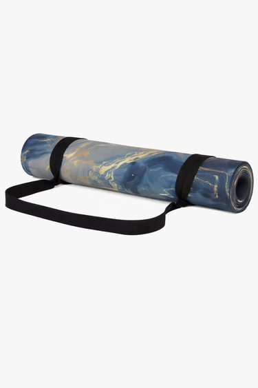 Rolled Shakti Warrior marble blue yoga mat with carry strap
